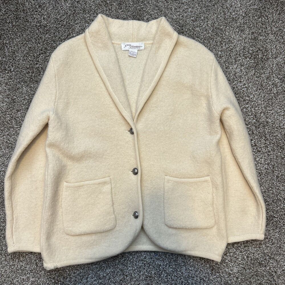 Vintage Norm Thompson 100% Wool Cardigan Jacket Cream Ivory Shawl Collar S